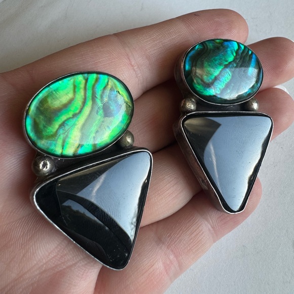 Elegant Sterling Silver Green Abalone and Black Onyx Clip Earrings 26.6g - Picture 2 of 15